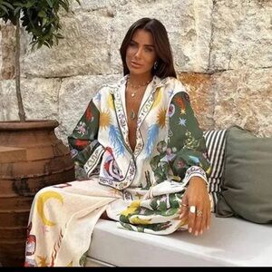 Green and White Celestial Pants Set